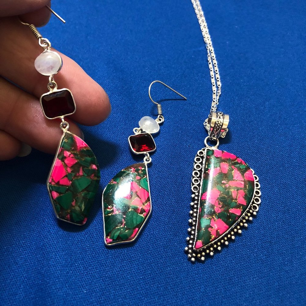 Handmade Copper Malachite +Pink Agate Gemstone 925 Stamped Sterling Silver Set.
